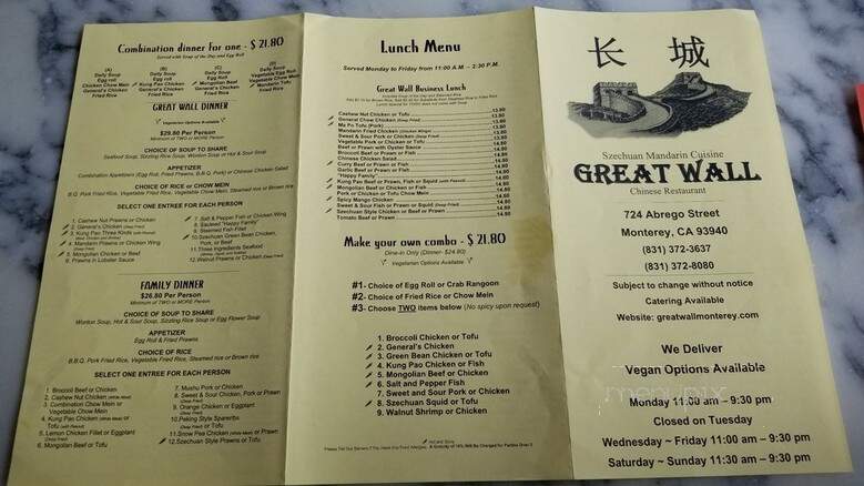 Great Wall Chinese Restaurant - Monterey, CA menu_pic