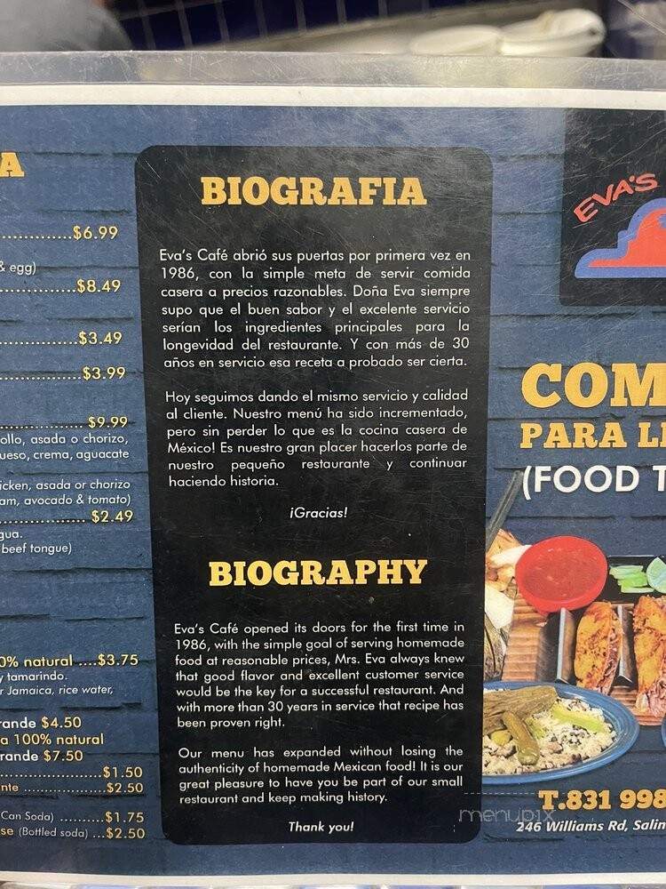 Eva's Cafe - Salinas, CA menu_pic