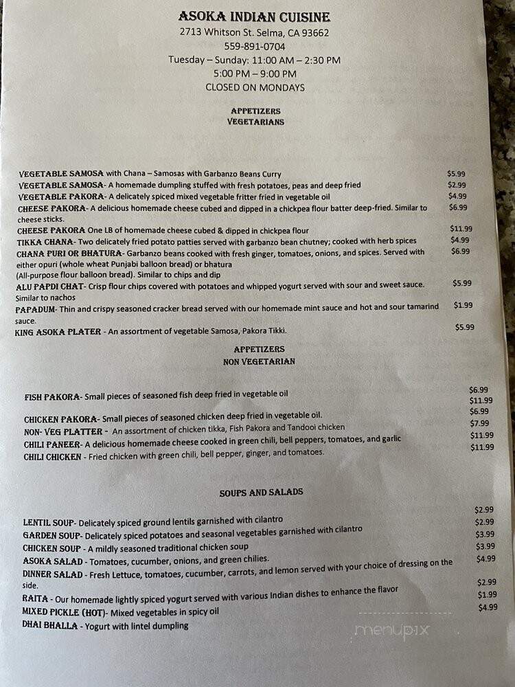 Asoka India Cuisine - Selma, CA menu_pic