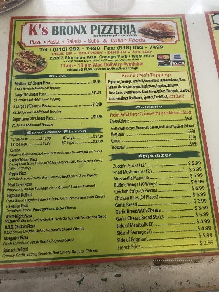K's Bronx Pizzeria & Itallian - Canoga Park, CA menu_pic