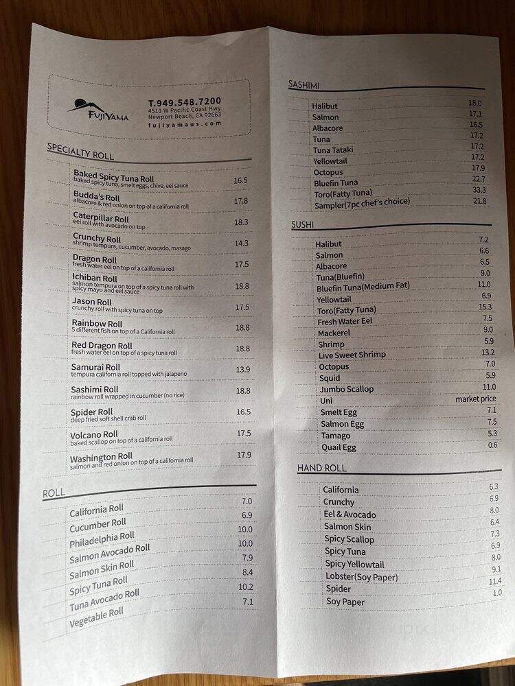 Fuji Yama - Newport Beach, CA menu_pic