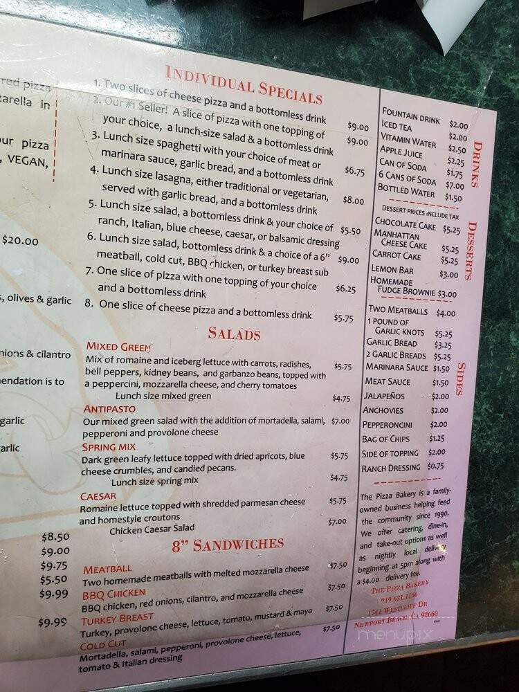Pizza Bakery - Newport Beach, CA menu_pic