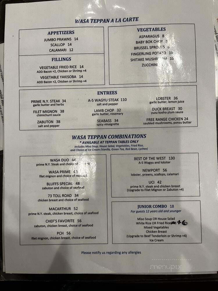Wasa Sushi On The Bluffs - Newport Beach, CA menu_pic