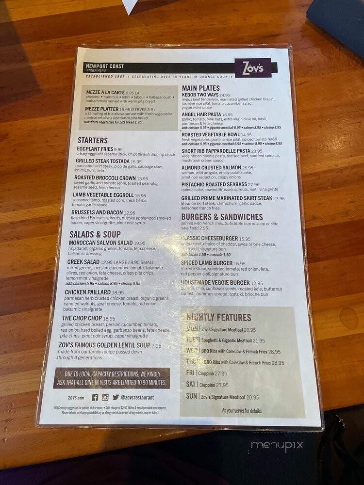 Zov's Newport Coast - Newport Beach, CA menu_pic