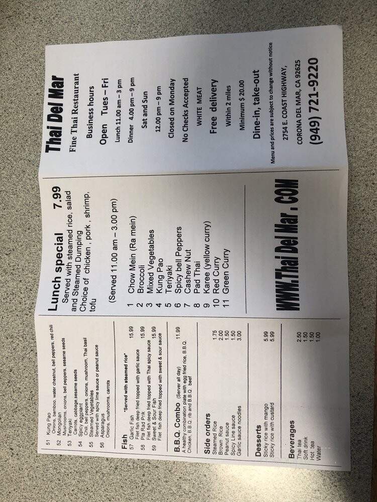 Thai Del Mar Restaurant - Corona Del Mar, CA menu_pic