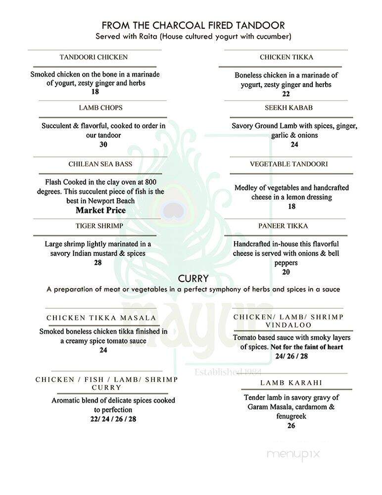 Mayur Cuisine Of India - Corona Del Mar, CA menu_pic