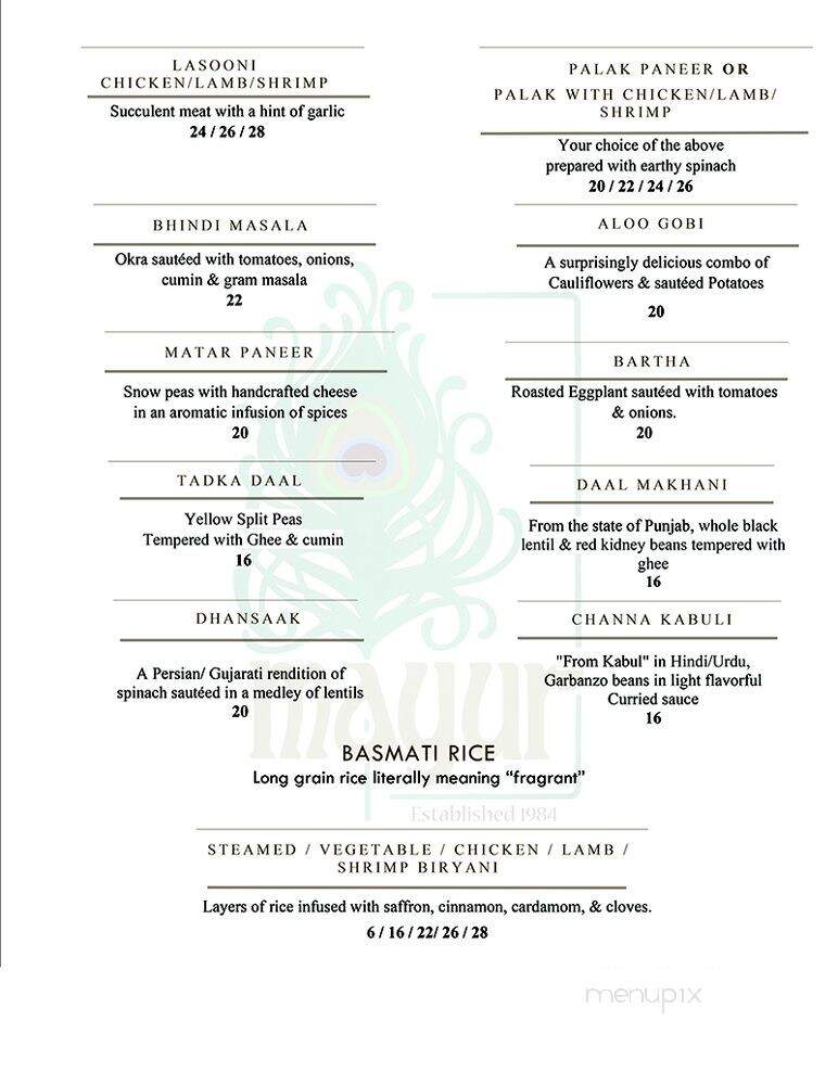 Mayur Cuisine Of India - Corona Del Mar, CA menu_pic