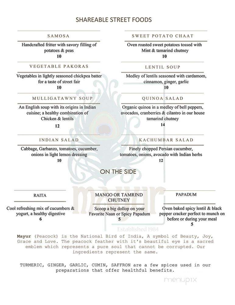 Mayur Cuisine Of India - Corona Del Mar, CA menu_pic