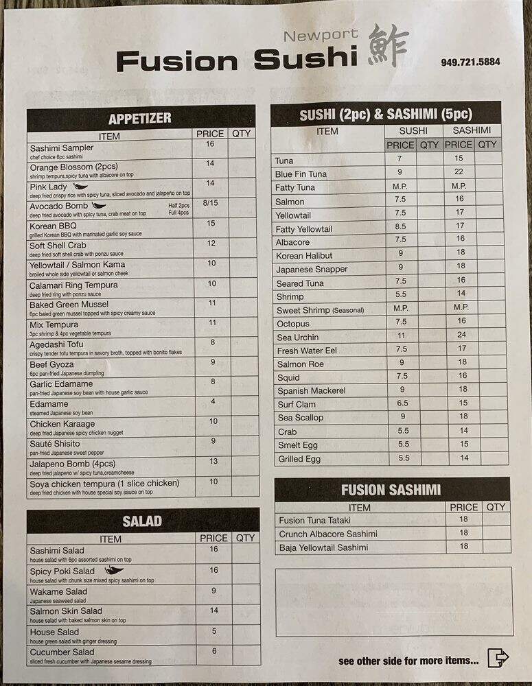 Kingyo Sushi - Newport Beach, CA menu_pic