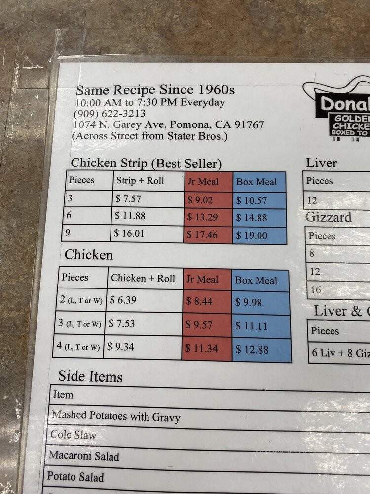 Donahoo's Golden Chicken - Pomona, CA menu_pic