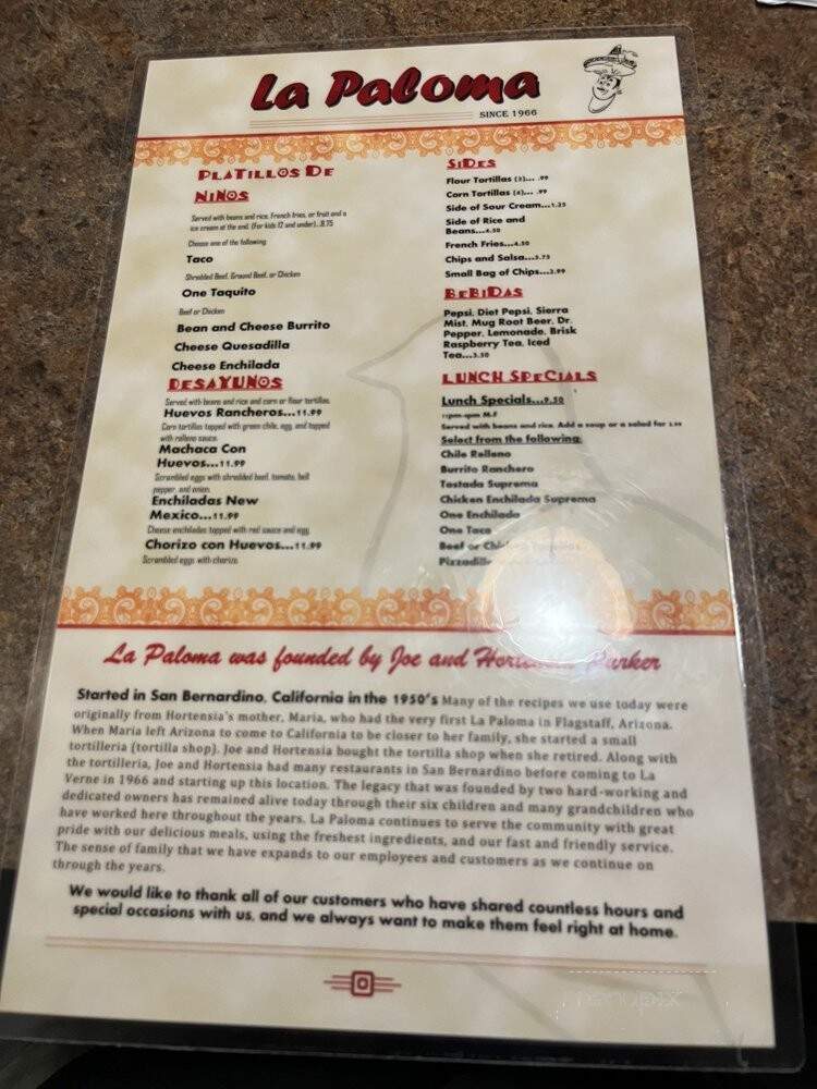 La Paloma Restaurant - La Verne, CA menu_pic