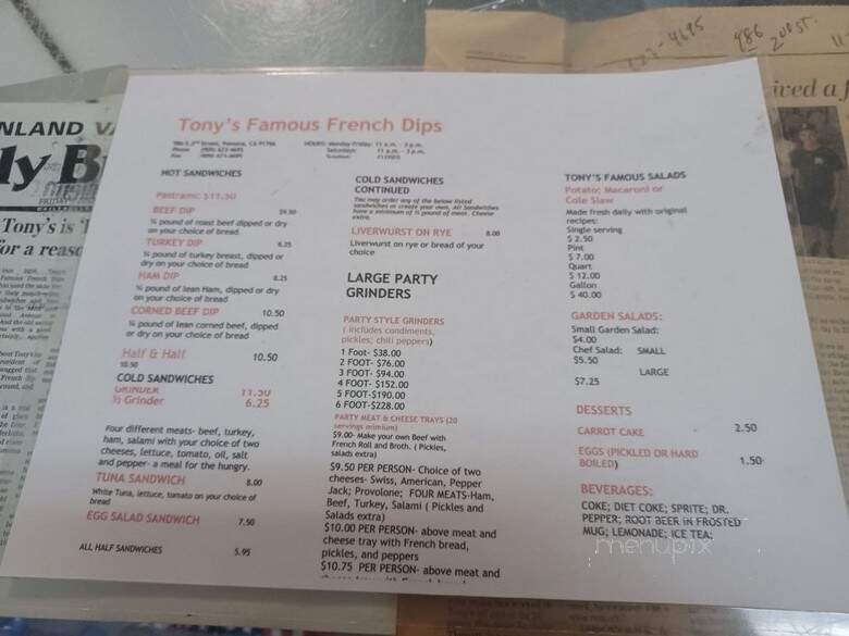 Tony's Restaurant - Pomona, CA menu_pic