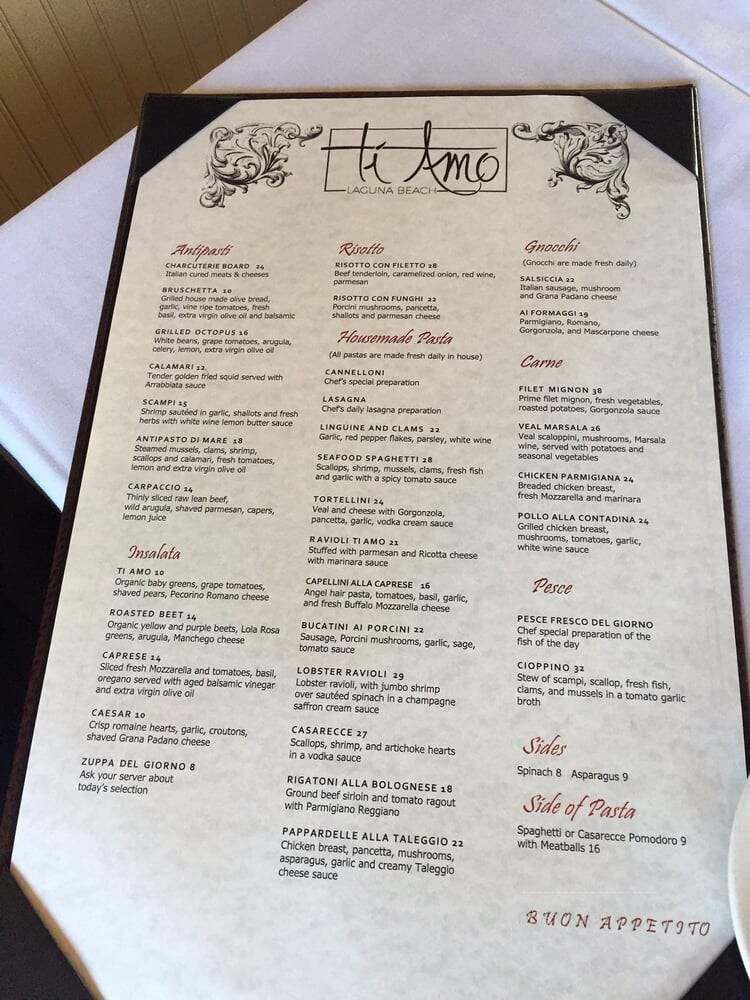 Ti Amo Ristorante - Laguna Beach, CA menu_pic