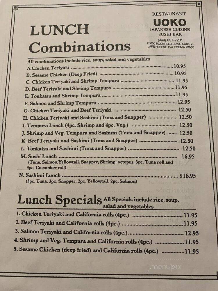 Uoko Japanese Cuisine - El Toro, CA menu_pic
