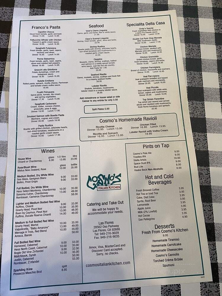 Cosmo's Italian Kitchen - Rancho Santa Margarita, CA menu_pic