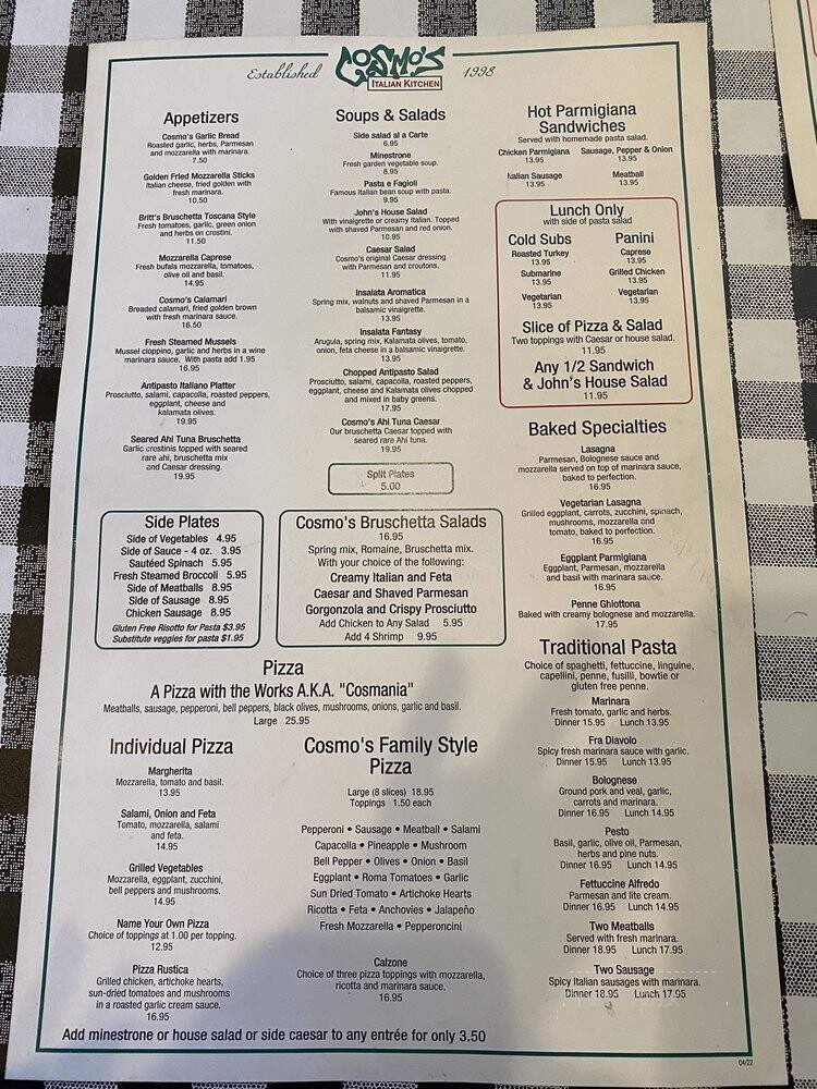 Cosmo's Italian Kitchen - Rancho Santa Margarita, CA menu_pic
