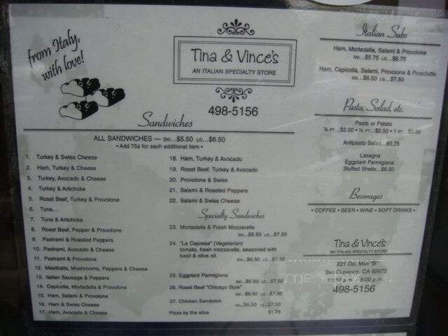 Tina & Vince's Italian Deli - San Clemente, CA menu_pic