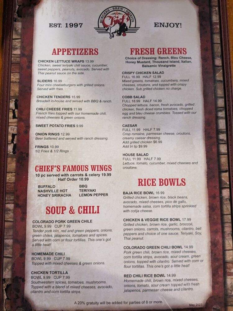 Chiefs Burgers & Brew - Solana Beach, CA menu_pic