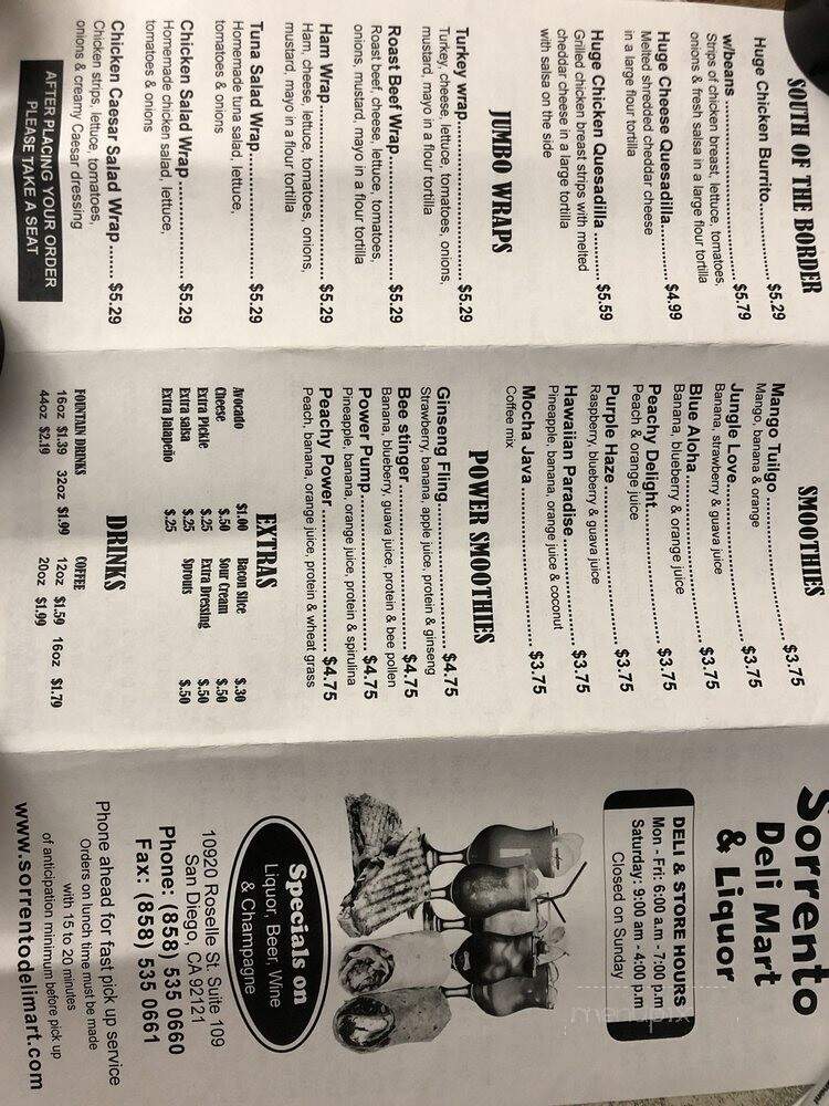Sorrento Deli Mart - San Diego, CA menu_pic