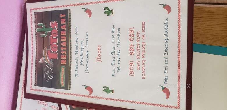 Toto's Mexican Restaurant - Running Springs, CA menu_pic