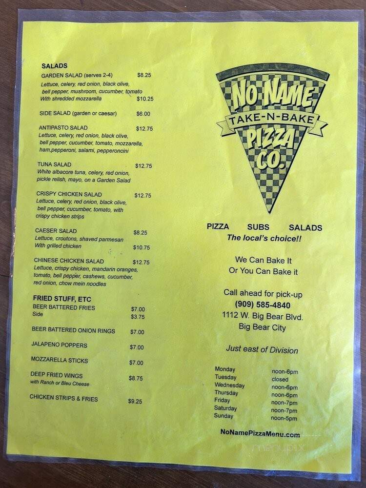 No Name Take N Bake Pizza - Big Bear Lake, CA menu_pic