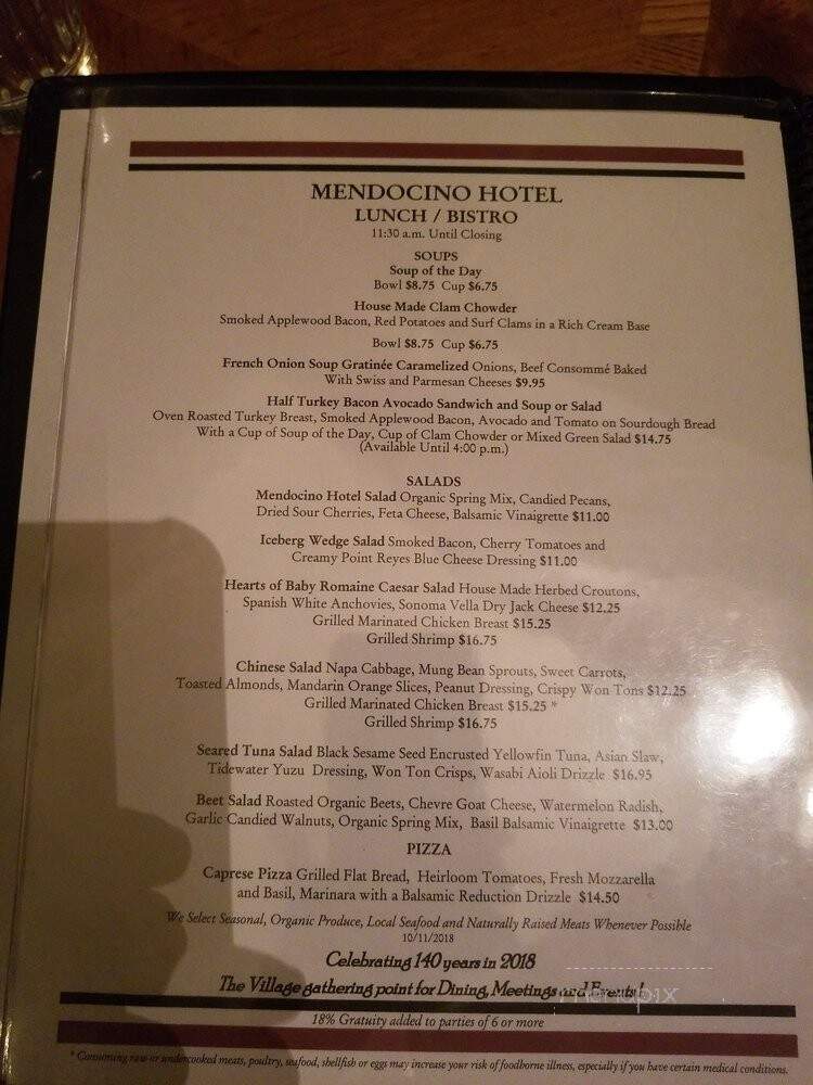Mendocino Hotel & Garden Suite - Mendocino, CA menu_pic
