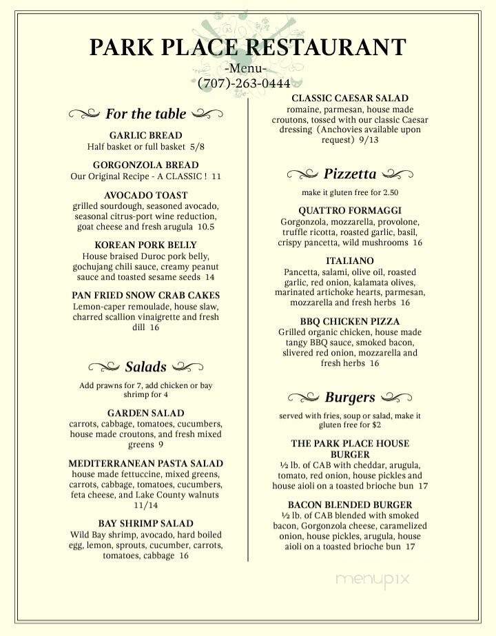 Park Place Restaurant - Lakeport, CA menu_pic