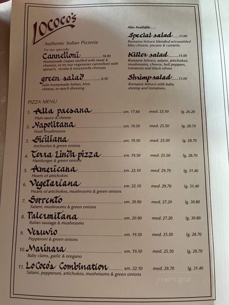 Lo Coco's Pizzeria - San Rafael, CA menu_pic