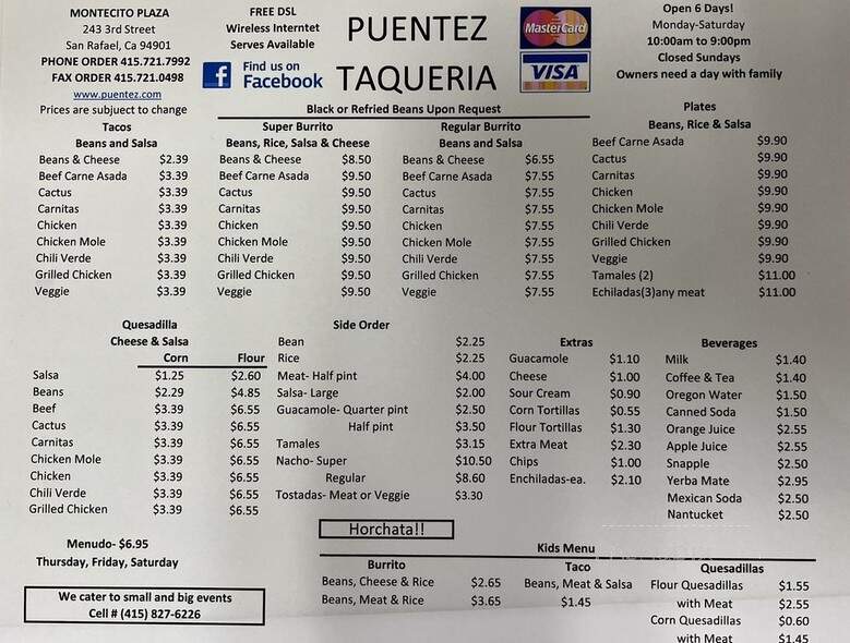 Puentez Taqueria - San Rafael, CA menu_pic