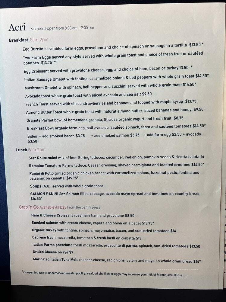 Caffe Acri - Belvedere Tiburon, CA menu_pic