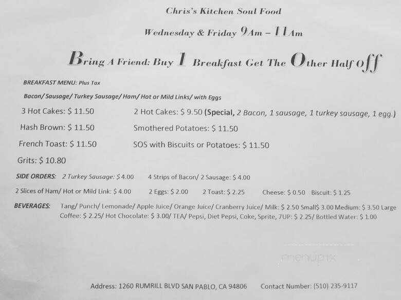 Chris' Soul Food Kitchen - San Pablo, CA menu_pic