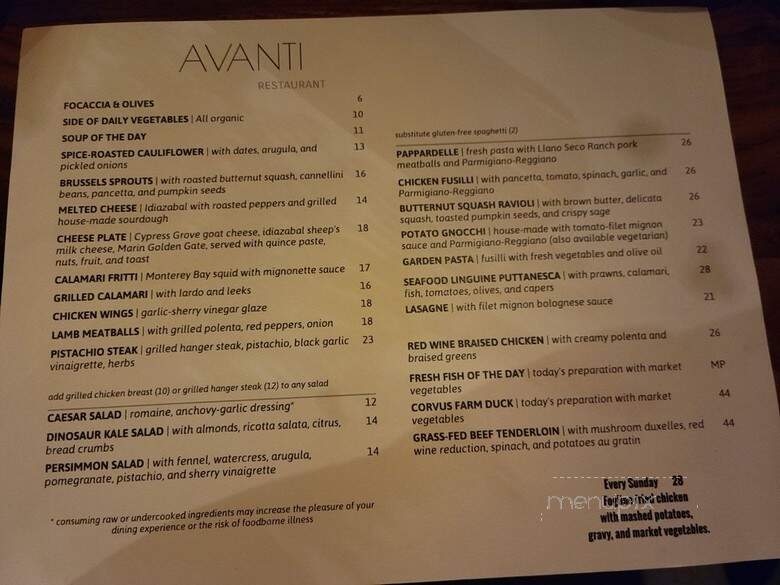 Ristorante Avanti - Santa Cruz, CA menu_pic