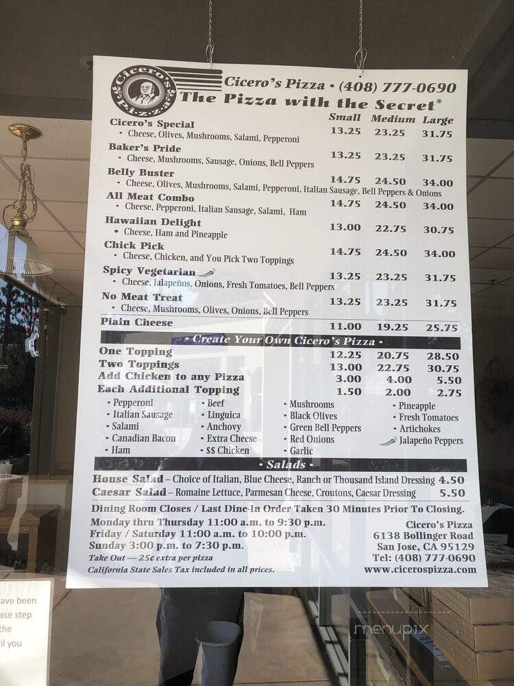 Cicero's Pizza - San Jose, CA menu_pic