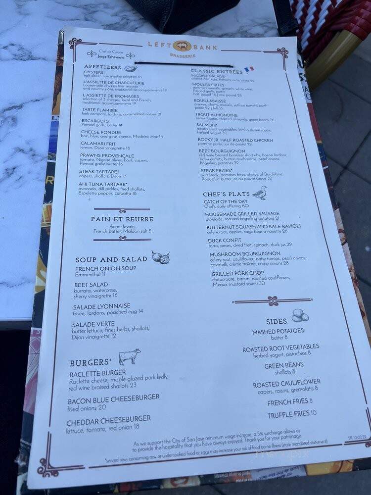 Left Bank Restaurant - San Jose, CA menu_pic