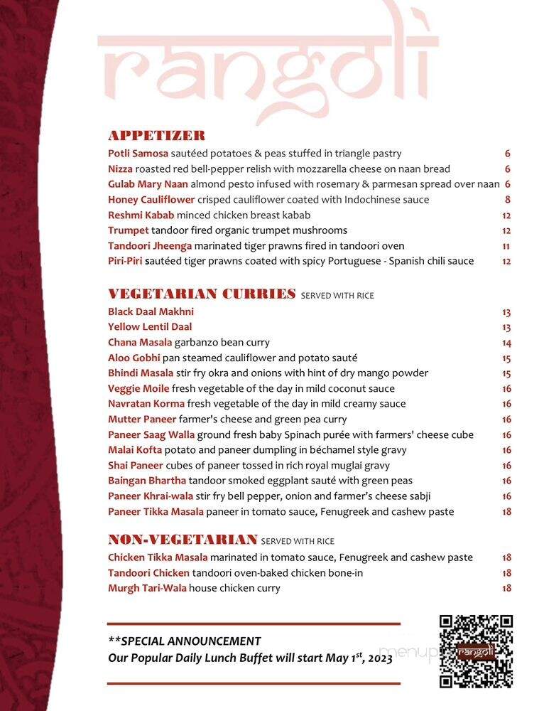 Rangoli India Restaurant - San Jose, CA menu_pic