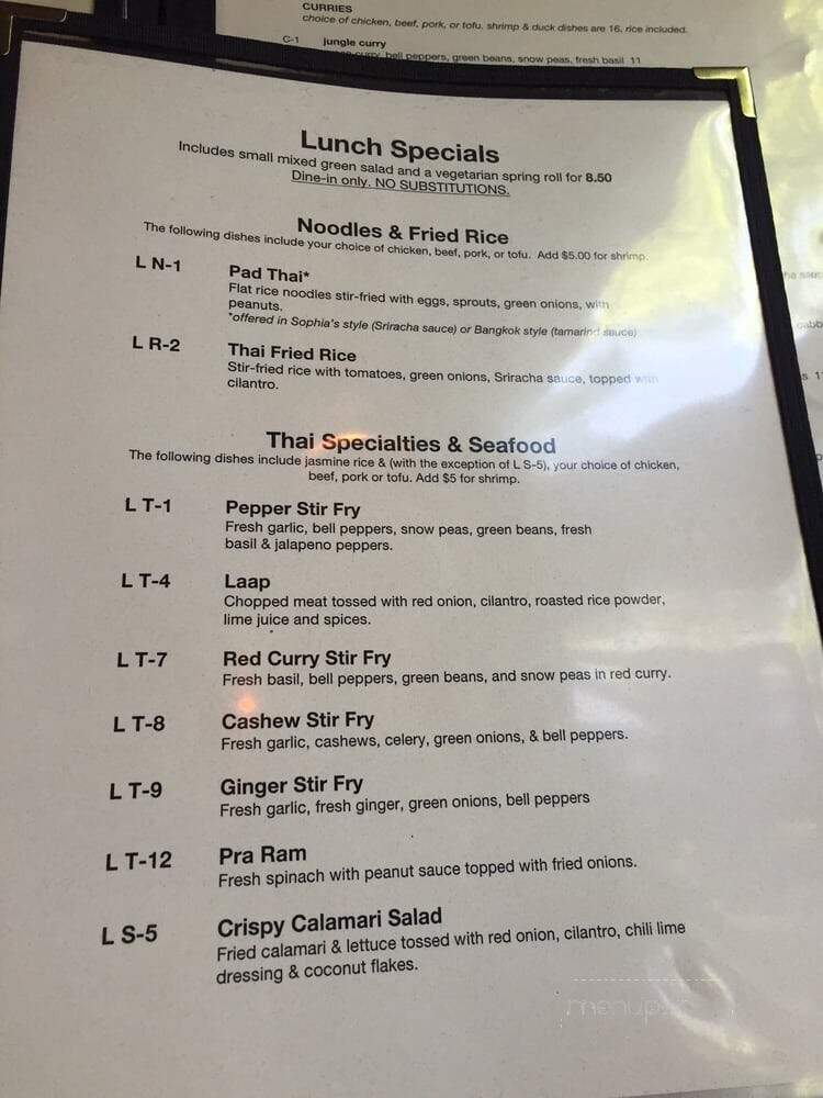 Sophia's Thai Bar & Kitchen - Davis, CA menu_pic