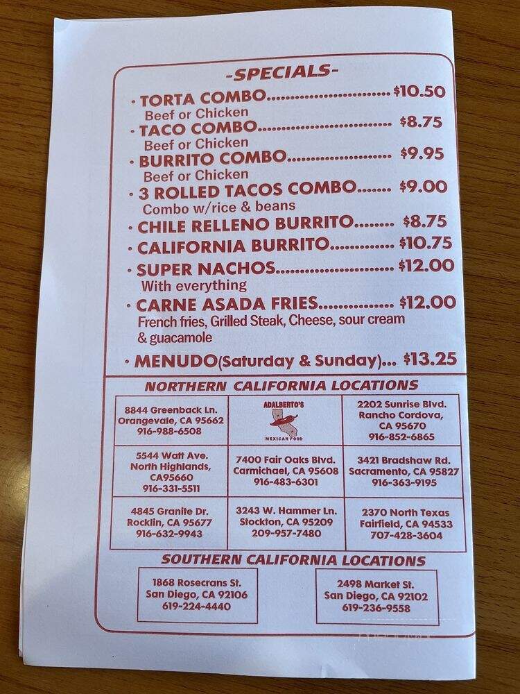 Adalberto's Mexican Food - Stockton, CA menu_pic