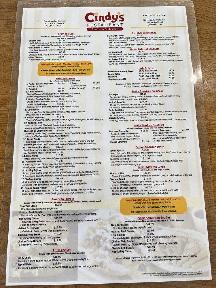 Cindy's Restaurant - Turlock, CA menu_pic