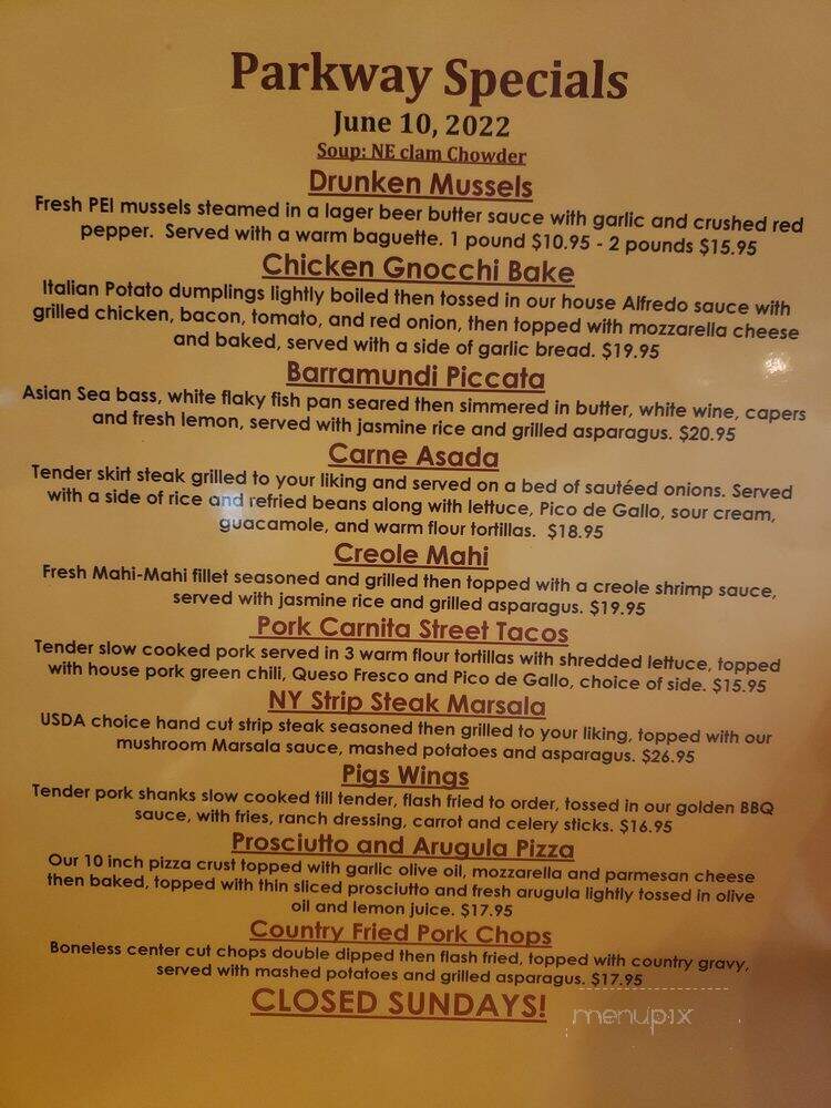 Parkway Bar Grill - Aurora, CO menu_pic