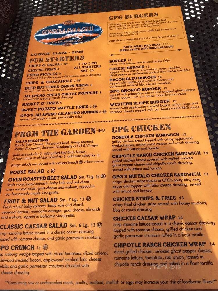 Gondola Pub & Grill - Steamboat Springs, CO menu_pic