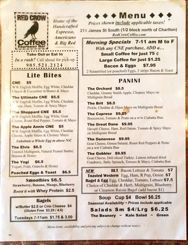 Red Crow Coffee - Hamilton, ON menu_pic