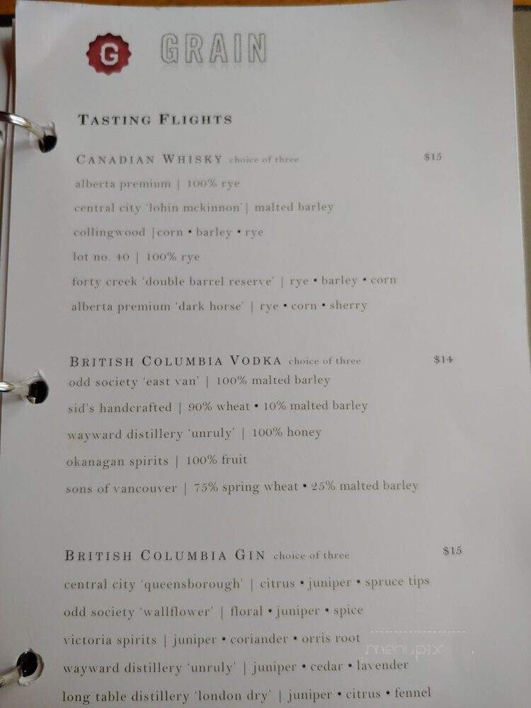 Grain Tasting Bar - Vancouver, BC menu_pic