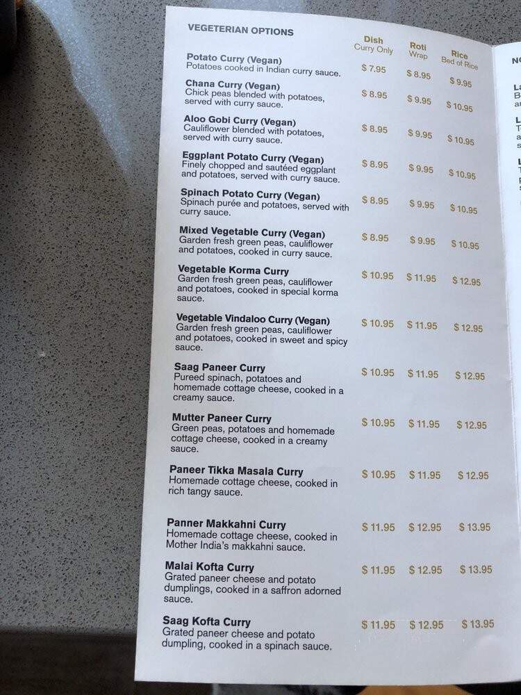 Maurya East Indian Roti - Toronto, ON menu_pic