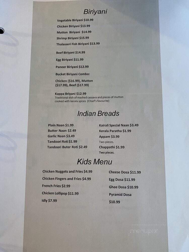 Kairali - Toronto, ON menu_pic