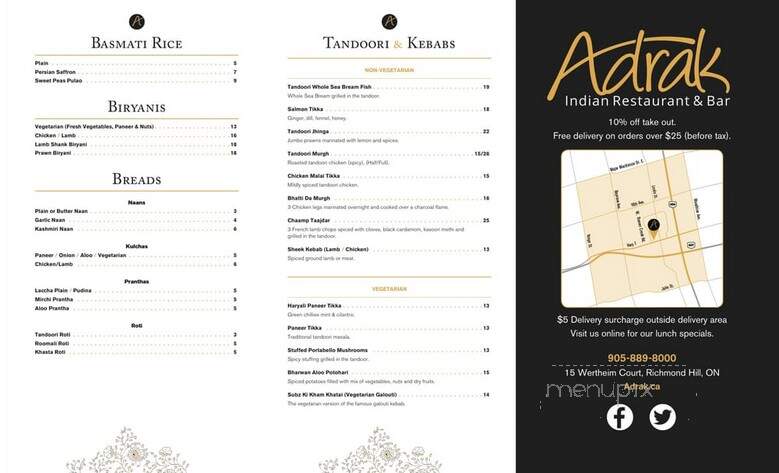 Adrak Indian Restaurant & Bar - Richmond Hill, ON menu_pic