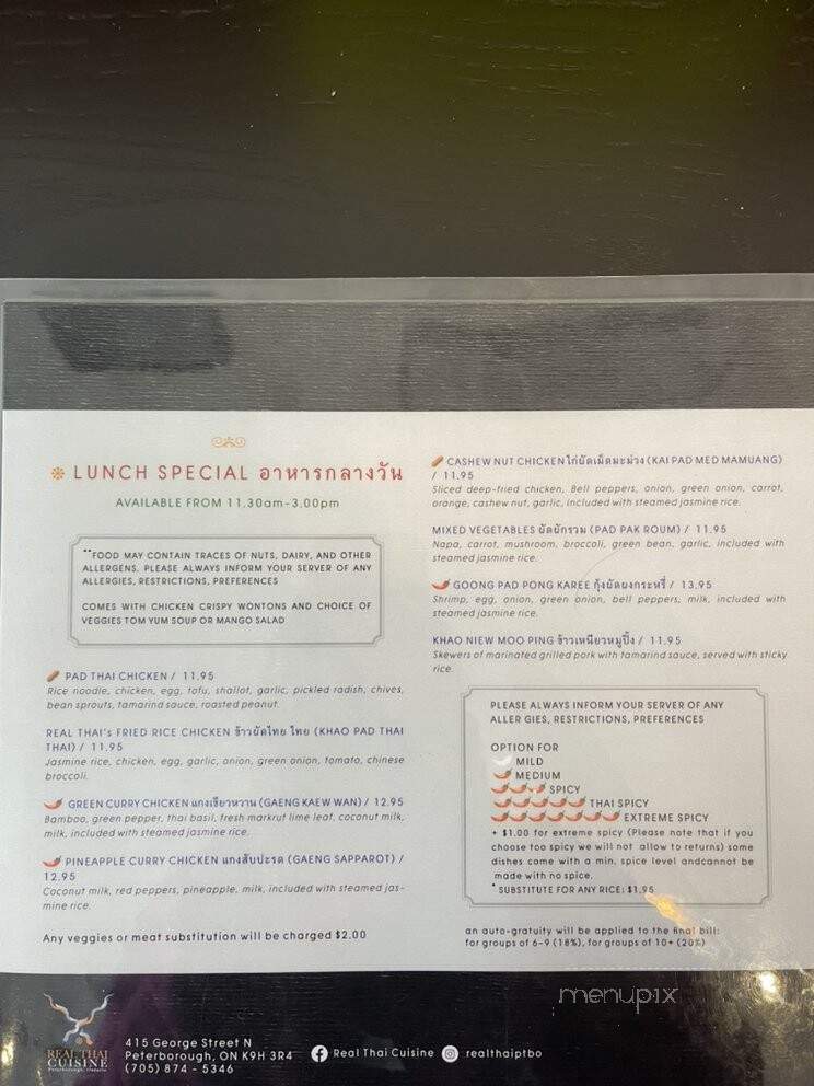 Real Thai Cuisine - Peterborough, ON menu_pic