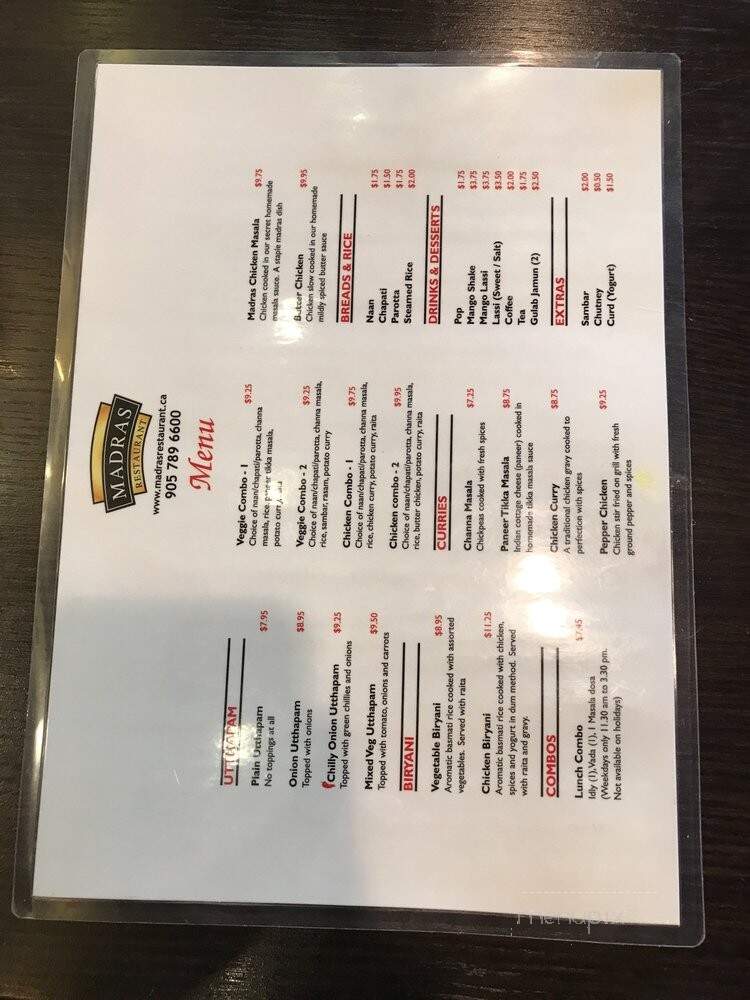 Madras Restaurant - Brampton, ON menu_pic