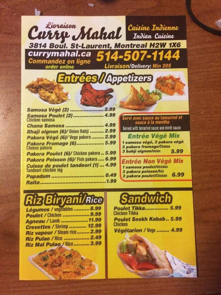 Curry Mahal - Montreal, QC menu_pic