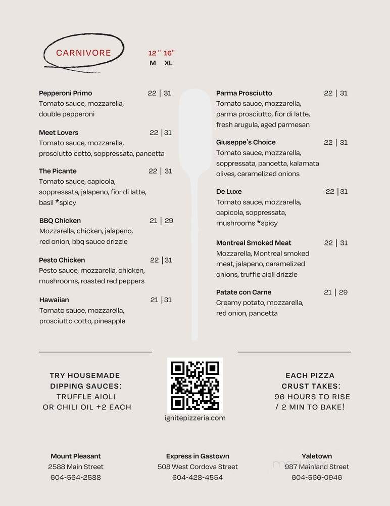 Ignite Pizzeria - Vancouver, BC menu_pic