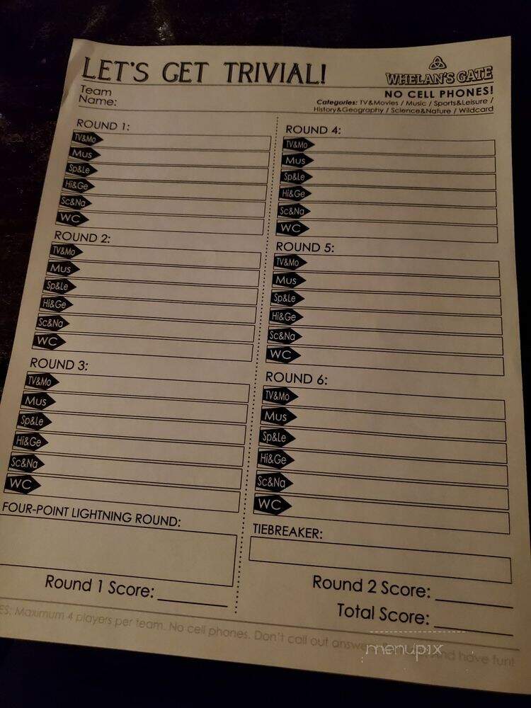 Whelan's Gate Gastropub - Toronto, ON menu_pic